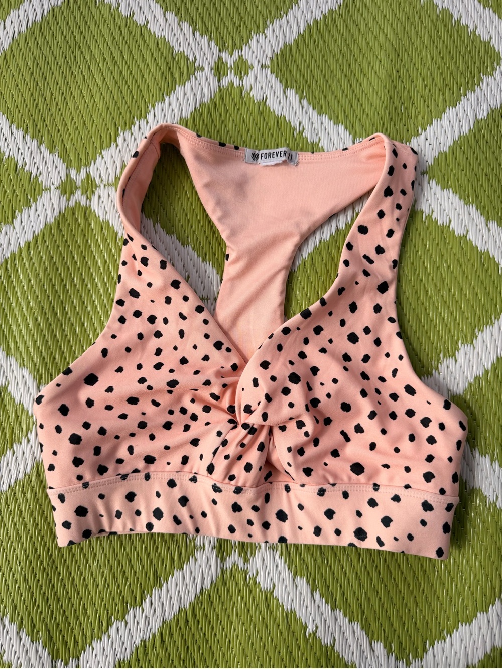 Forever 21 Peachy Pink Twist-Front Racerback Bodysuit with Black Spot Print